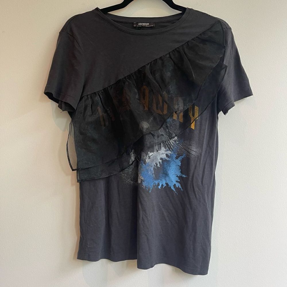ZARA "Run Away" Graphic Tee Eagle Ruffle - Small